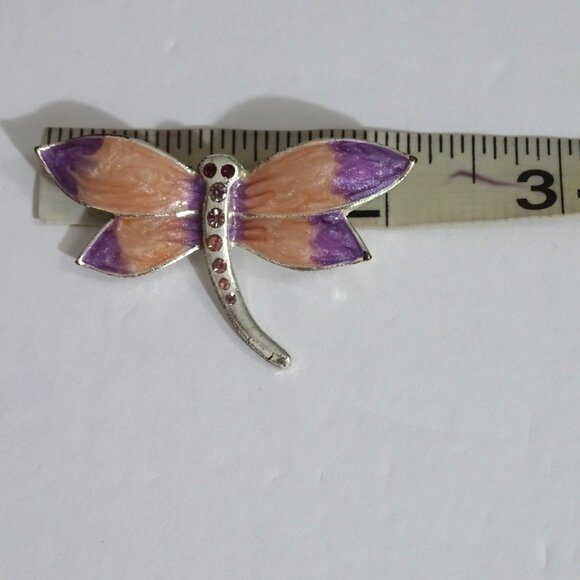 Dragonfly Brooch Pin With Rhinestones and Enamel Accents Purple Pink Silver Tone - Picture 8 of 8
